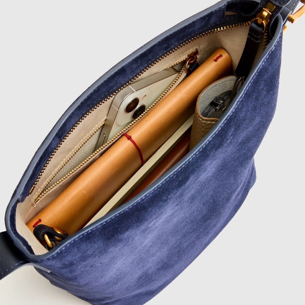 Quince Italian Suede Bucket Crossbody Bag in Navy - Picture 7 of 8
